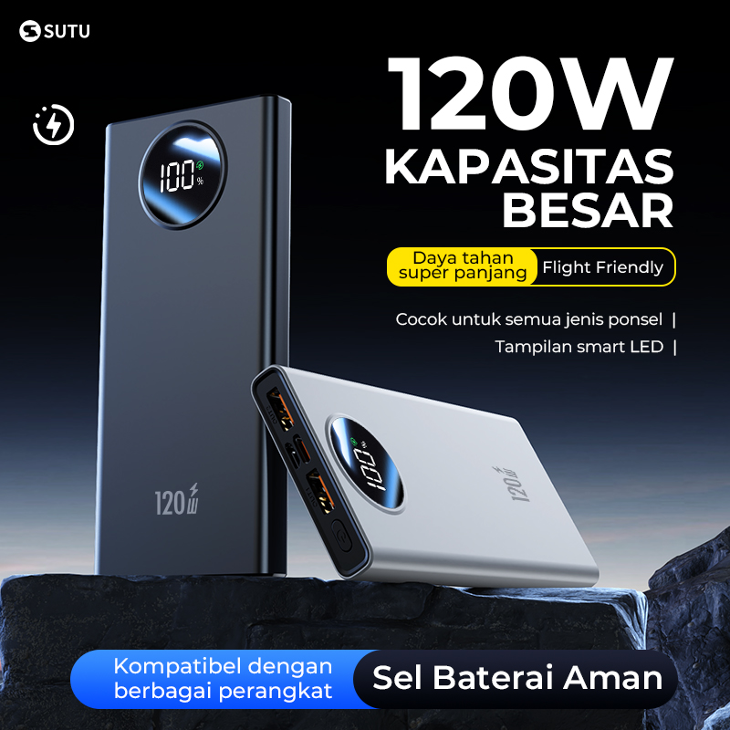 SUTU 120W Super Fast Charging Power Bank LED Display Powerbank 20000mAh Dual Output Port USB & Type-C Garansi