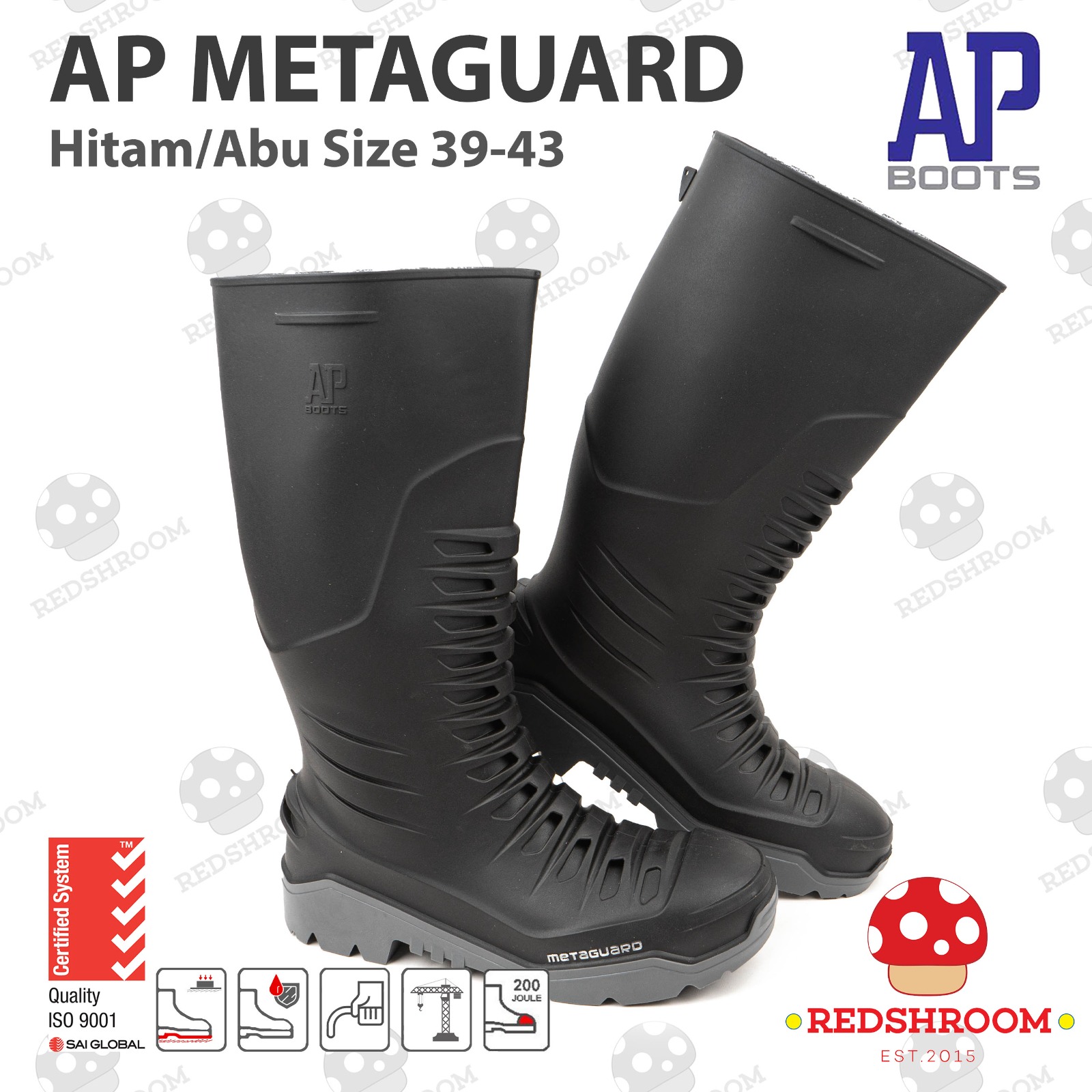 Sepatu Boot SAFETY Tinggi Metaguard Hitam AP Boots Toe Cap Besi Anti Slip Air Lokal Proyek Kontruksi Harga 192,951 rupiah*Gratis Ongkir