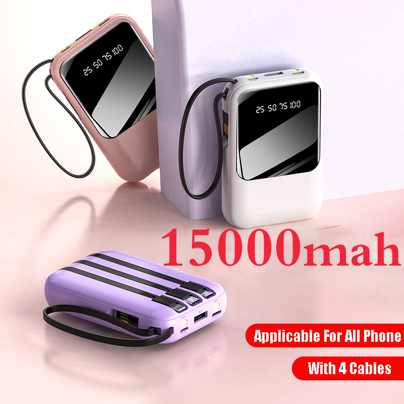 ★★ Powerbank with LED Display 15000mah with 4Cable Fast Charging Cute Power Bank Mini Portable Bisa Dibawa Nai