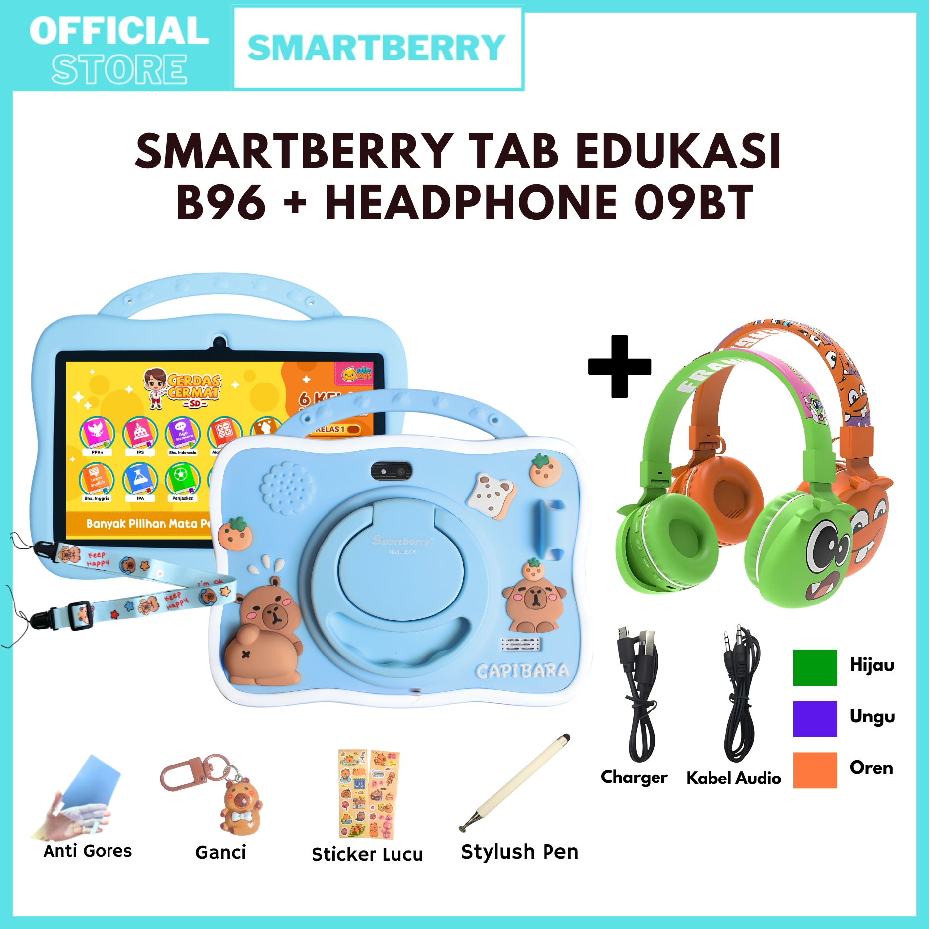 Smartberry Kids Study Tab B96 + Headphone Ylfs-09Bt (Combo Package) Android 14 / Children's Educational Tablet Harga 849,999 rupiah*Gratis Ongkir