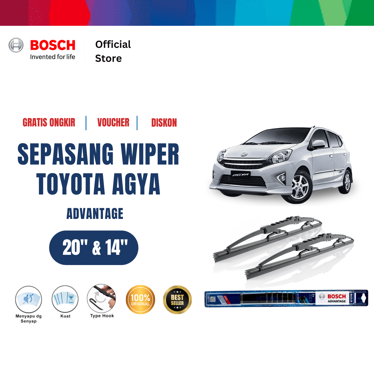 Bosch Sepasang Wiper Kaca Mobil Toyota Agya Advantage 20 dan 14 inchi Harga 117,470 rupiah*Gratis Ongkir