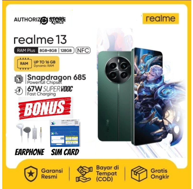 Realme 13 8Gb+8Gb | 256Gb (Gb) | 120Hz Amoled Display | 67W Supervooc Charging | 5000Mah Battery | Snapdragon 685 Chipset Harga 1,800,000 rupiah*Gratis Ongkir
