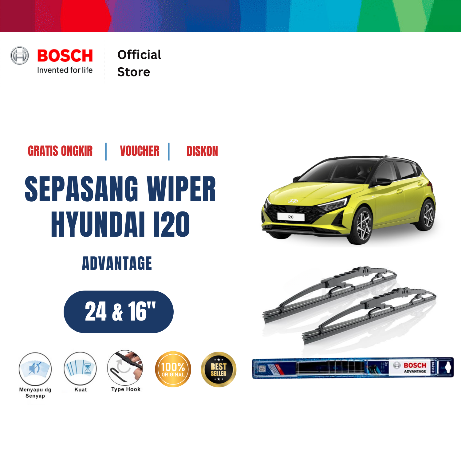 Bosch Sepasang Wiper Kaca Mobil Hyundai i20 2009-on Advantage 24 dan 16 inchi Harga 134,130 rupiah*Gratis Ongkir