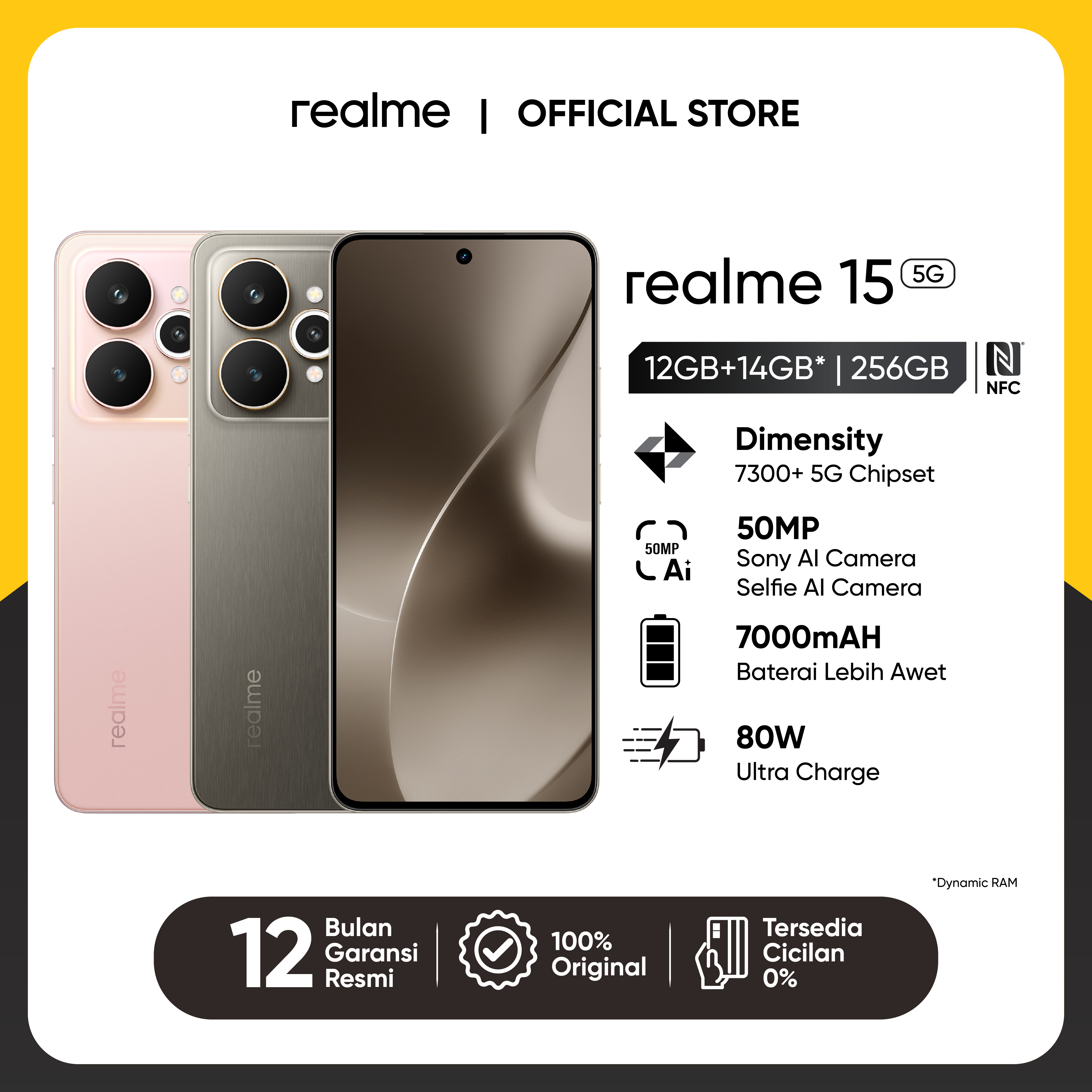 realme 15 5g 12Gb+14Gb* | 256Gb (Dimensity 7300+ 5g Chipset | 50Mp Sony Ai Camera | 50Mp Selfie Ai Camera | 7000Mah Titan Battery + 80W Ultra Charge) Harga  5,299,000 Ringgit*Penghantaran Percuma