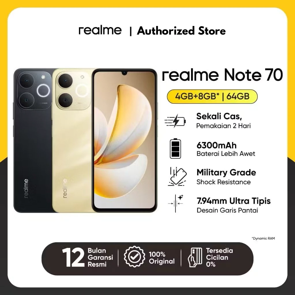 Realme note 70 Ram 4/64GB & 4/128GB (official warranty) Harga 1,315,000 rupiah*Gratis Ongkir