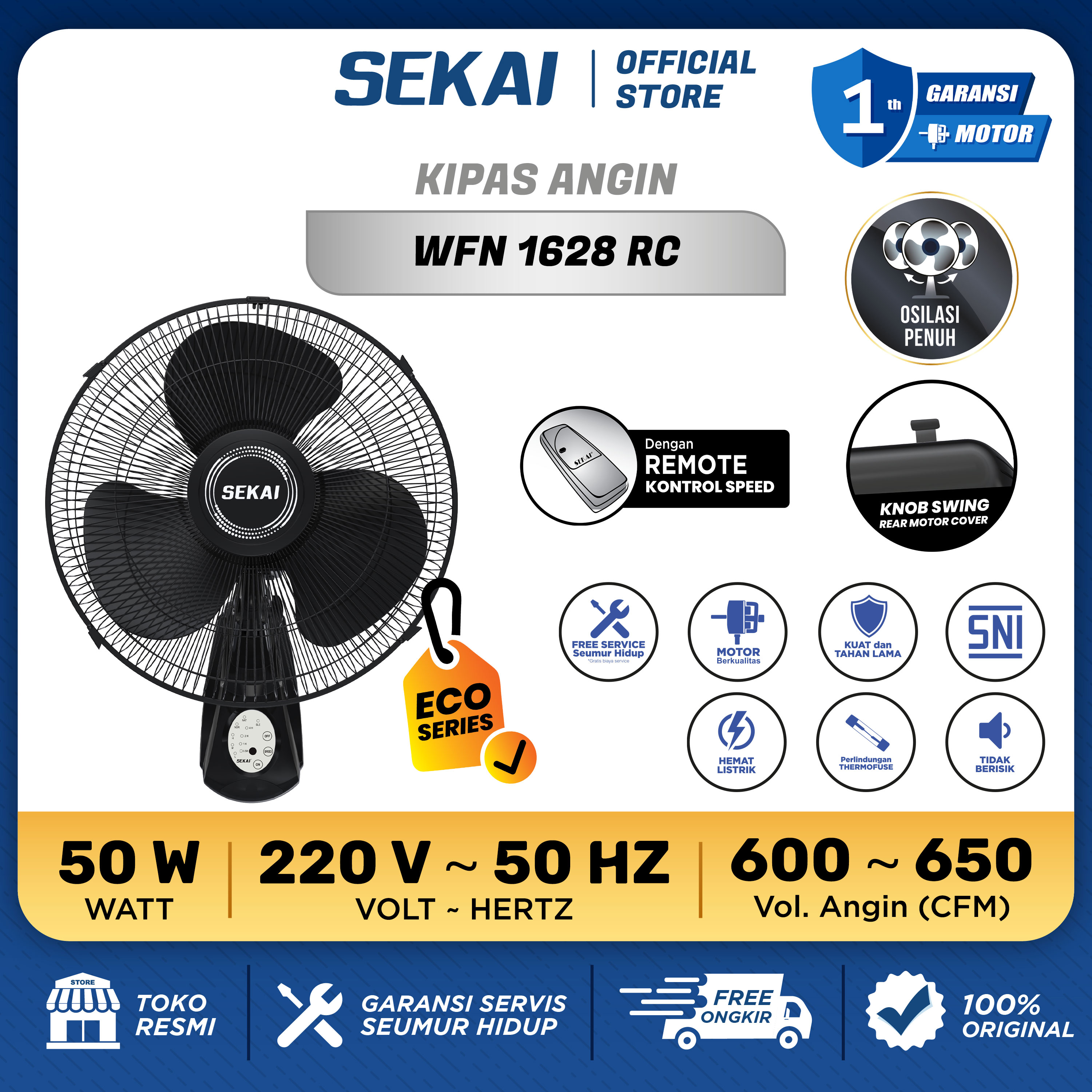 Sekai Remote Wall Fan / Wall Fan 16 Inch Remote Control - Wfn 1628 / 1628 Rc - Merek Sekai Harga 199,000 rupiah*Gratis Ongkir