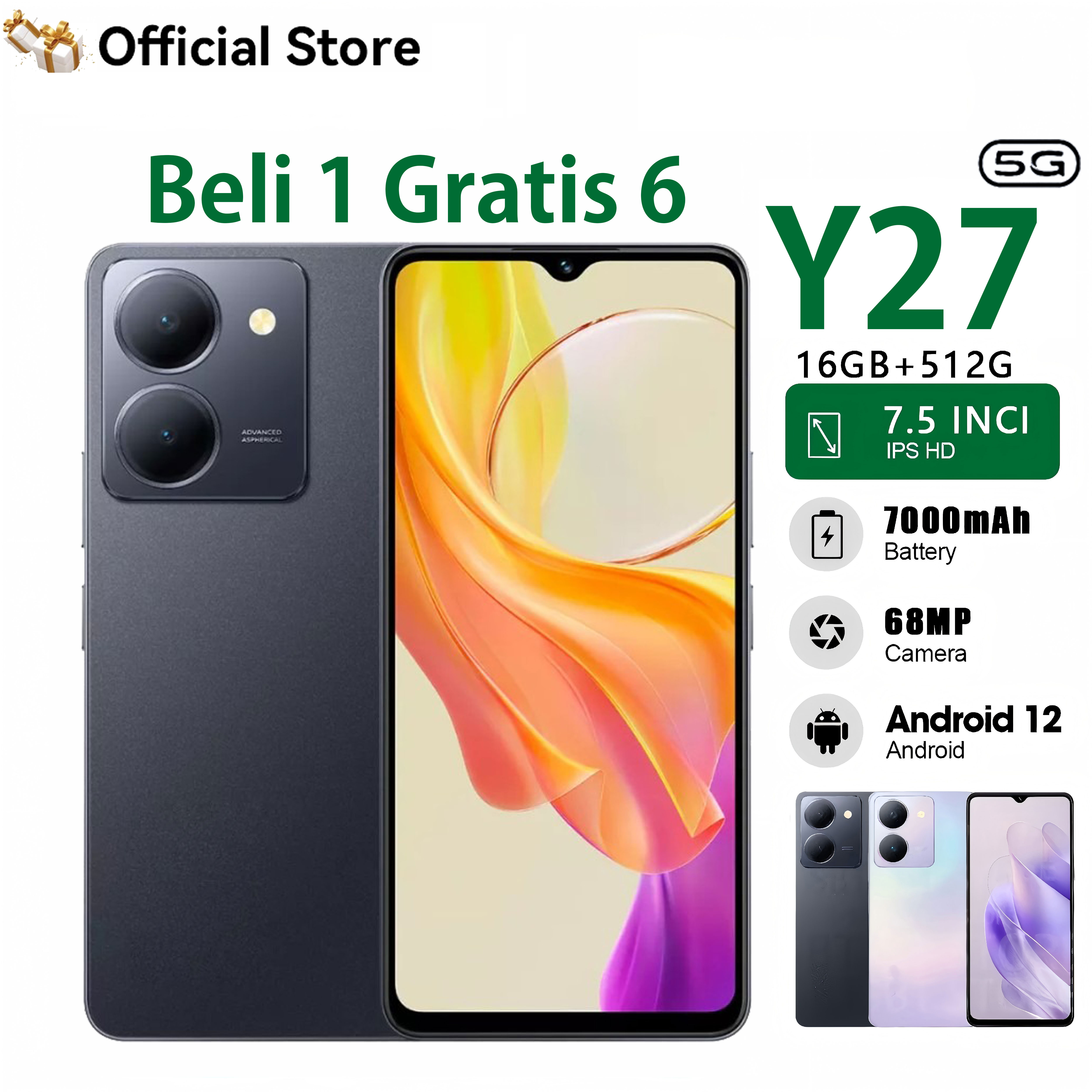 【Can co】hp viv0 Y27 Ram 6/128GB smartphone original warranty official mobile phone 2025 screen 7.5inch 50MP AI camera smartphone 5G HP Murah 4G Android 13 6800mAh long-lasting battery ram Besar wash cod warehouse Harga 949,000 rupiah*Gratis Ongkir