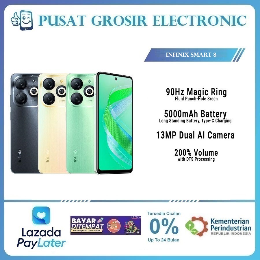 Infinix Smart 8 4/128GB - Up to 6GB RAM - 6.6" Magic Ring - 5000 mAh BERAGARNSI Harga 850,000 rupiah*Gratis Ongkir