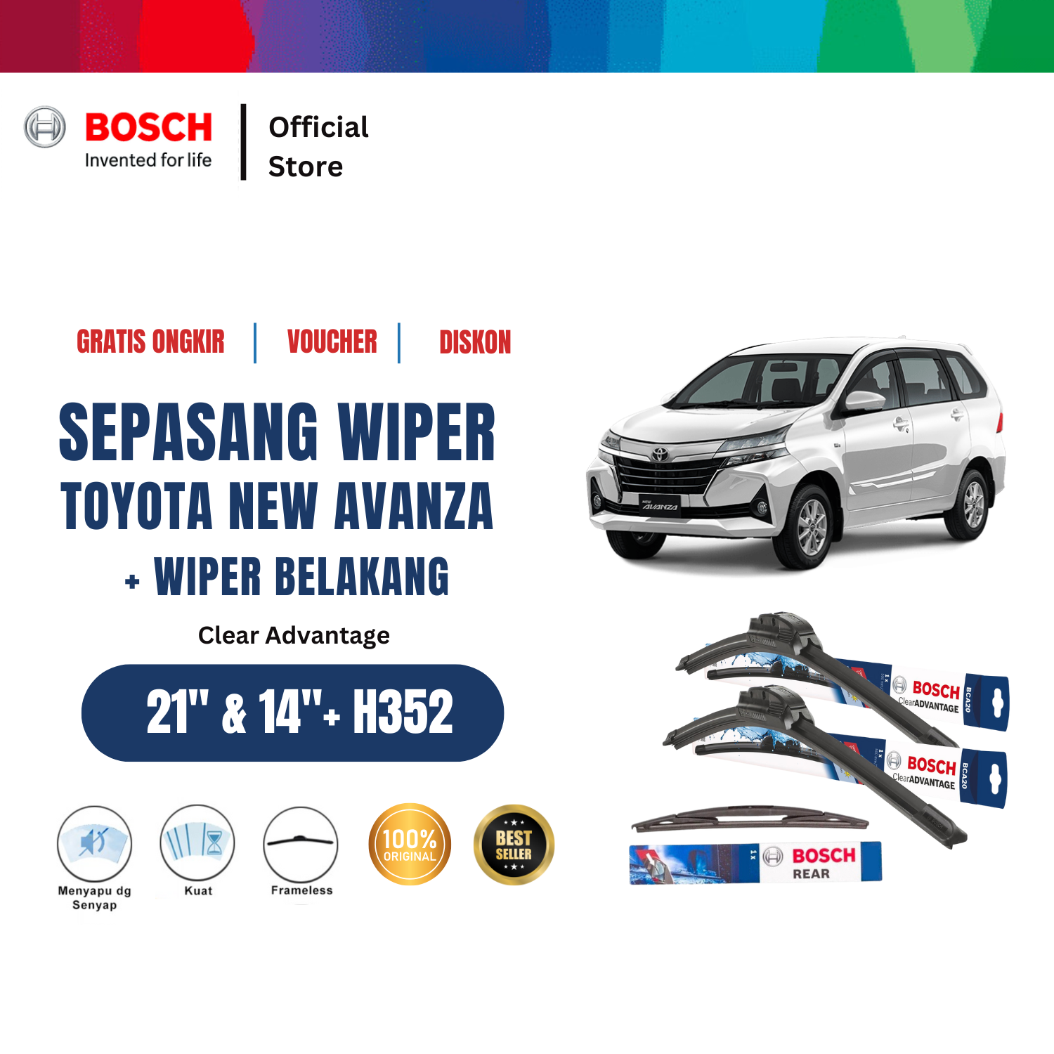 Bosch Wiper Depan dan Belakang Frameless Mobil Toyota New Avanza Clear Advantage 21 dan 14 inchi dan H352 Harga 289,170 rupiah*Gratis Ongkir