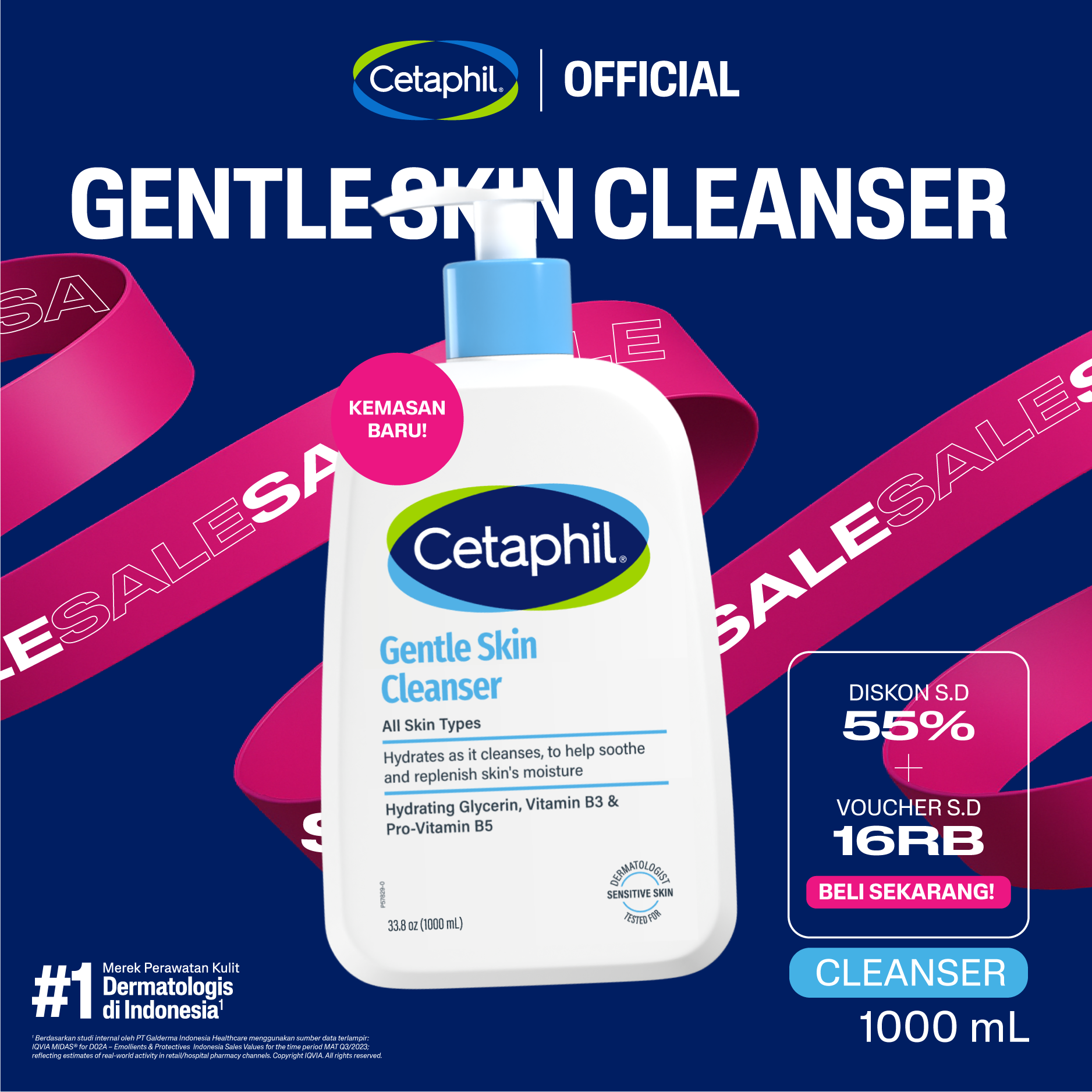 Cetaphil Gentle Skin Cleanser 1000ml with Niacinamide, Glycerin and Panthenol Facial Cleansing Soap for All Skin Types - Merek Cetaphil Harga 327,900 rupiah*Gratis Ongkir