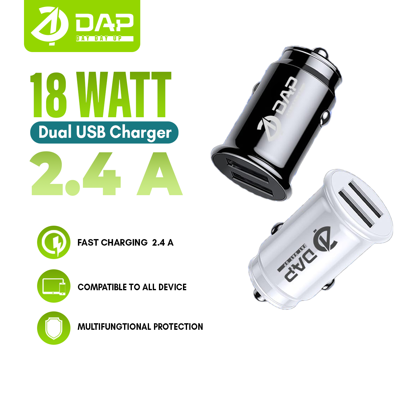 DAP D-CC1N Car Charger PD 18 watt 2.4A Dual Port USB Fast Charging - Garansi 1 Tahun Harga 16,500 rupiah*Gratis Ongkir