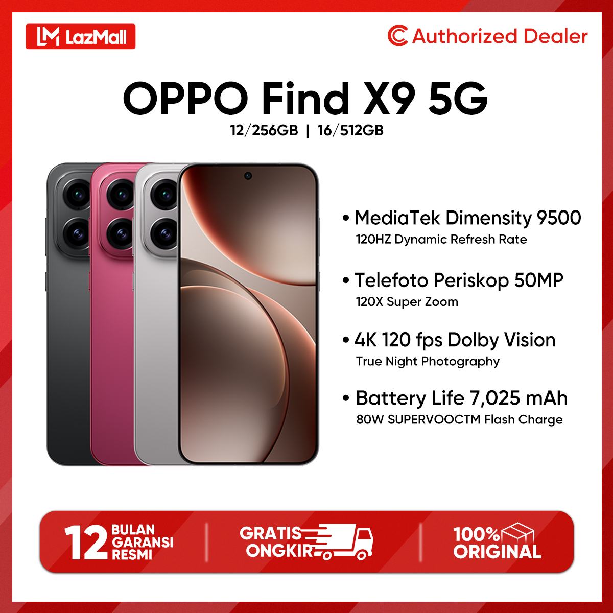Oppo Find X9 (12/256Gb)(16/512Gb) 50Mp, 120X Super Zoom, Official Oppo Indonesia Warranty 1 Year Harga 14,999,000 rupiah*Gratis Ongkir
