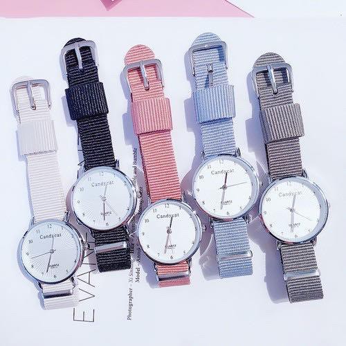 	 Axnat Jam Tangan Wanita Analog Quartz Casual Simple Candycat Chic Strap Nylon Kanvas Fashion Watch J 	