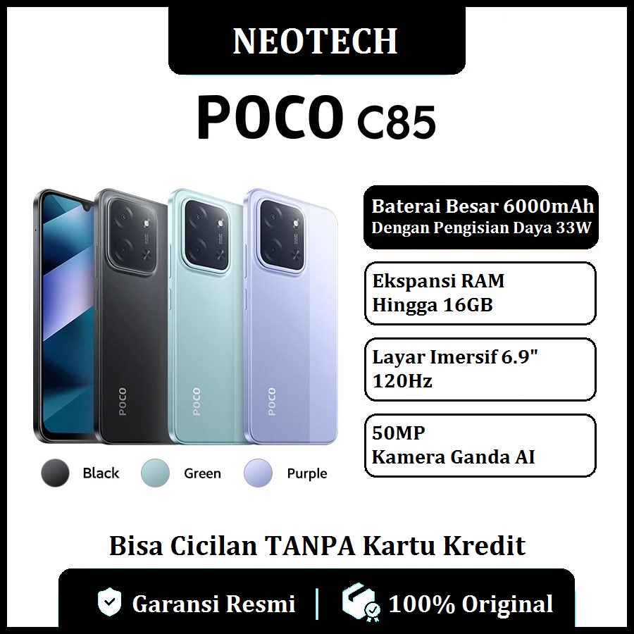 Xiaomi Poco C85 (6GB/128GB | 8GB/256GB) official warranty-large battery 6000mAh, up to 16GB RAM expansion, 6.9 120Hz display, 50MP dual AI cameras-free to pay without credit card-cheap mobile phone (kredivo, Laz pay later, available for cod, Ovo, original Giá 1,698,000 Đồng*Miễn phí vận chuyển