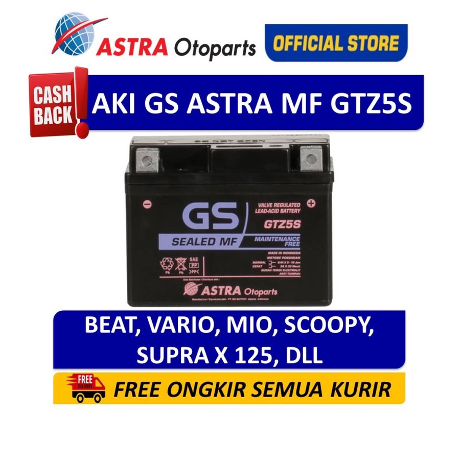 Aki motor GS Astra MF maintenance free Kering GSMF-GTZ-5S gtz5s beat Vario scopy Mio spacy DLL Harga 251,000 rupiah*Gratis Ongkir
