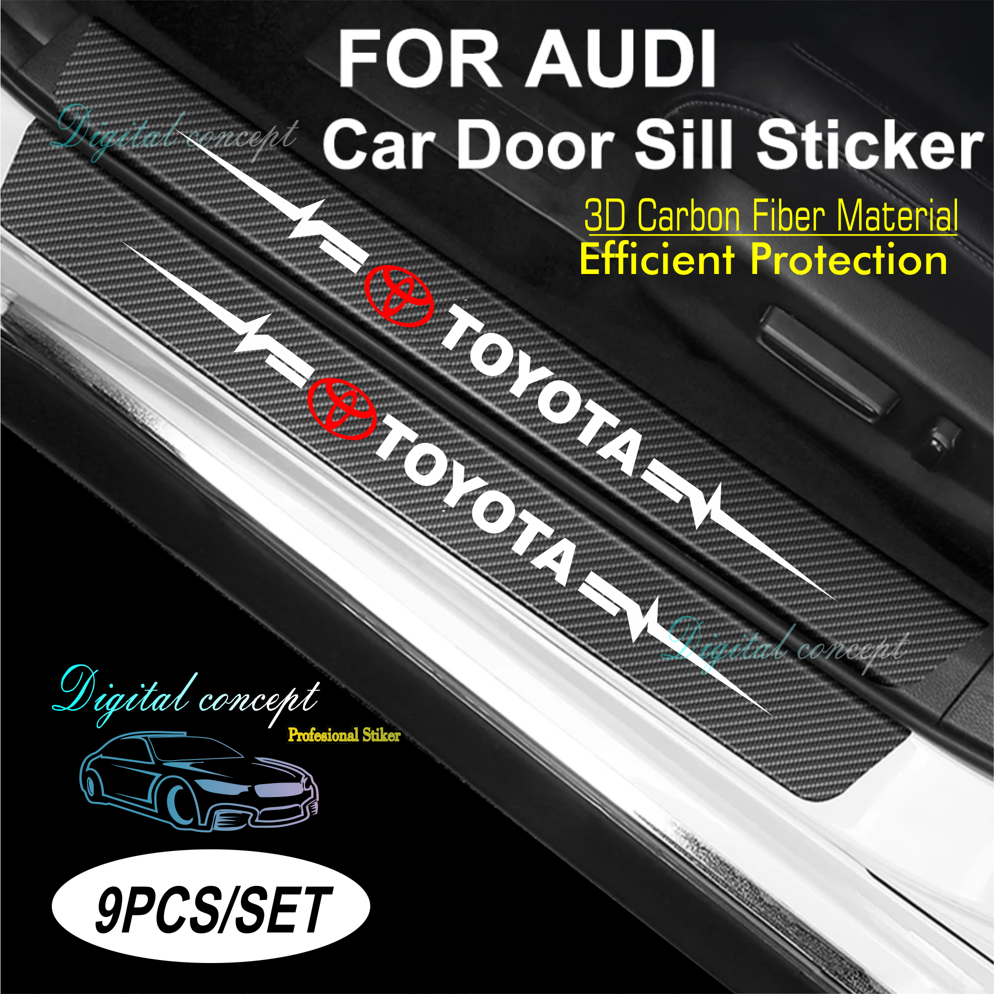 9 Pcs Stiker Sill Plate Carbon 3D Mobil Toyota Sticker Karbon 3D Pelindung Pijakan Bumper Dan Bagasi Harga 30,000 rupiah*Gratis Ongkir