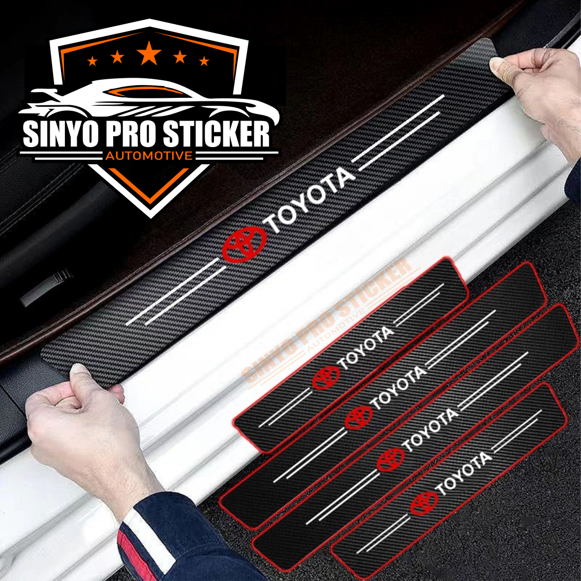 Toyota stiker carbon 3D stiker pengaman pijakan pintu mobil stiker mobil Toyota Agya Veloz Fortuner Innova Rush Gr Avanza Yaris all toyota Harga 35,000 rupiah*Gratis Ongkir