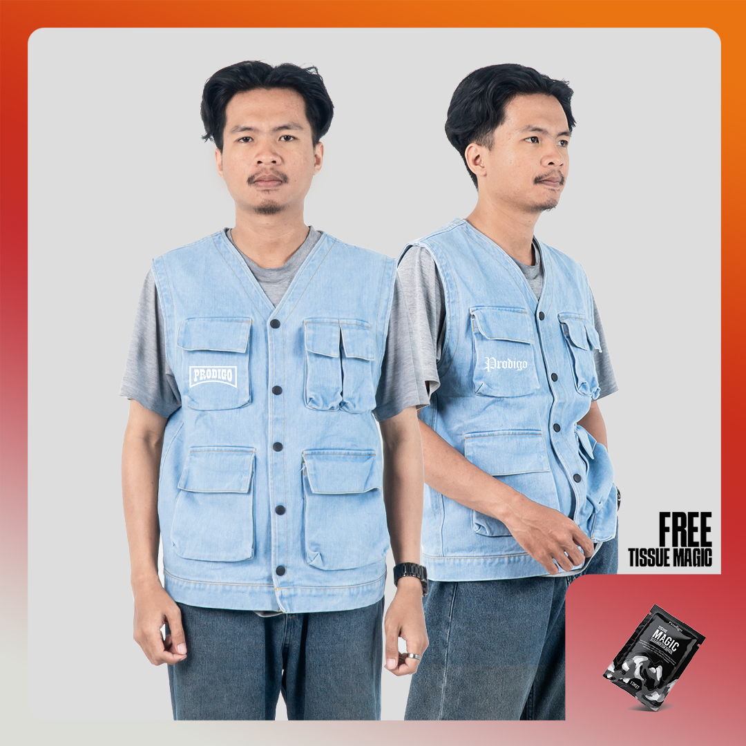 Prodigo * Vest Denim Maringgai All Varian I Rompi Denim Pria Wanita I Rompi Tactical Unisex I Rompi Sky Blue I Vest Multi Pocket Harga 219,999 rupiah*Gratis Ongkir
