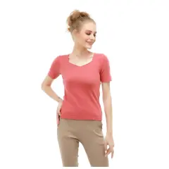 Hamlin Genevie Kaos Atasan Kasual Wanita Lengan Pendek V Kotak Material Cotton ORIGINAL - Dark Pink