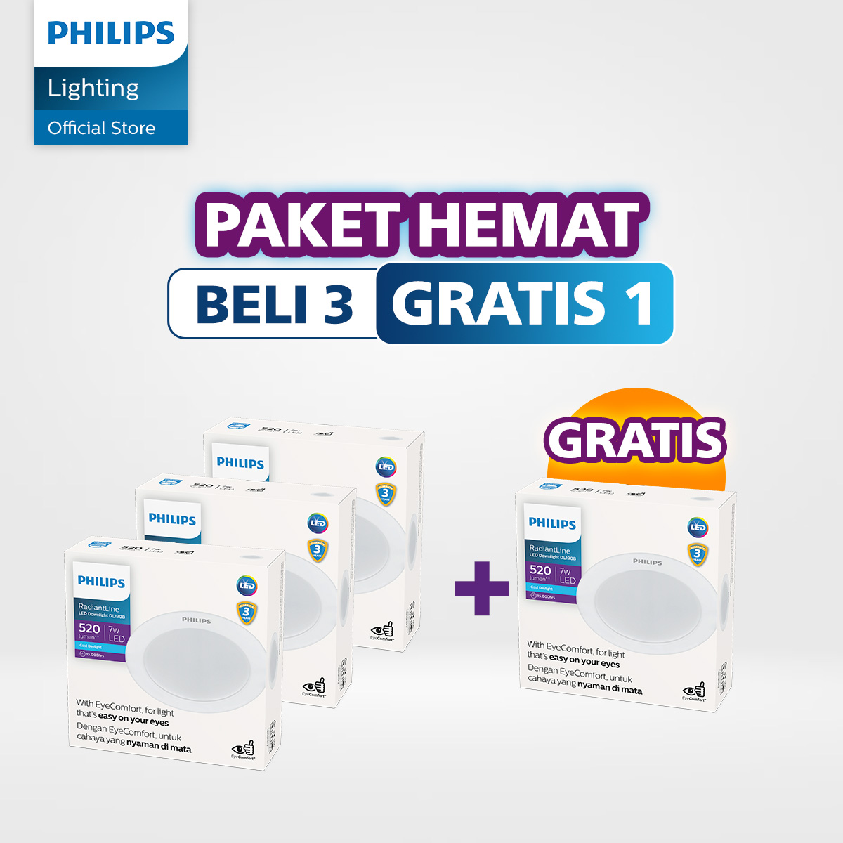 Philips Lampu Panel LED Paket Lampu Lebih Cuan Beli 3 Gratis 1 LED Downlight DL190B 7W 6500k Putih Harga 162,190 rupiah*Gratis Ongkir