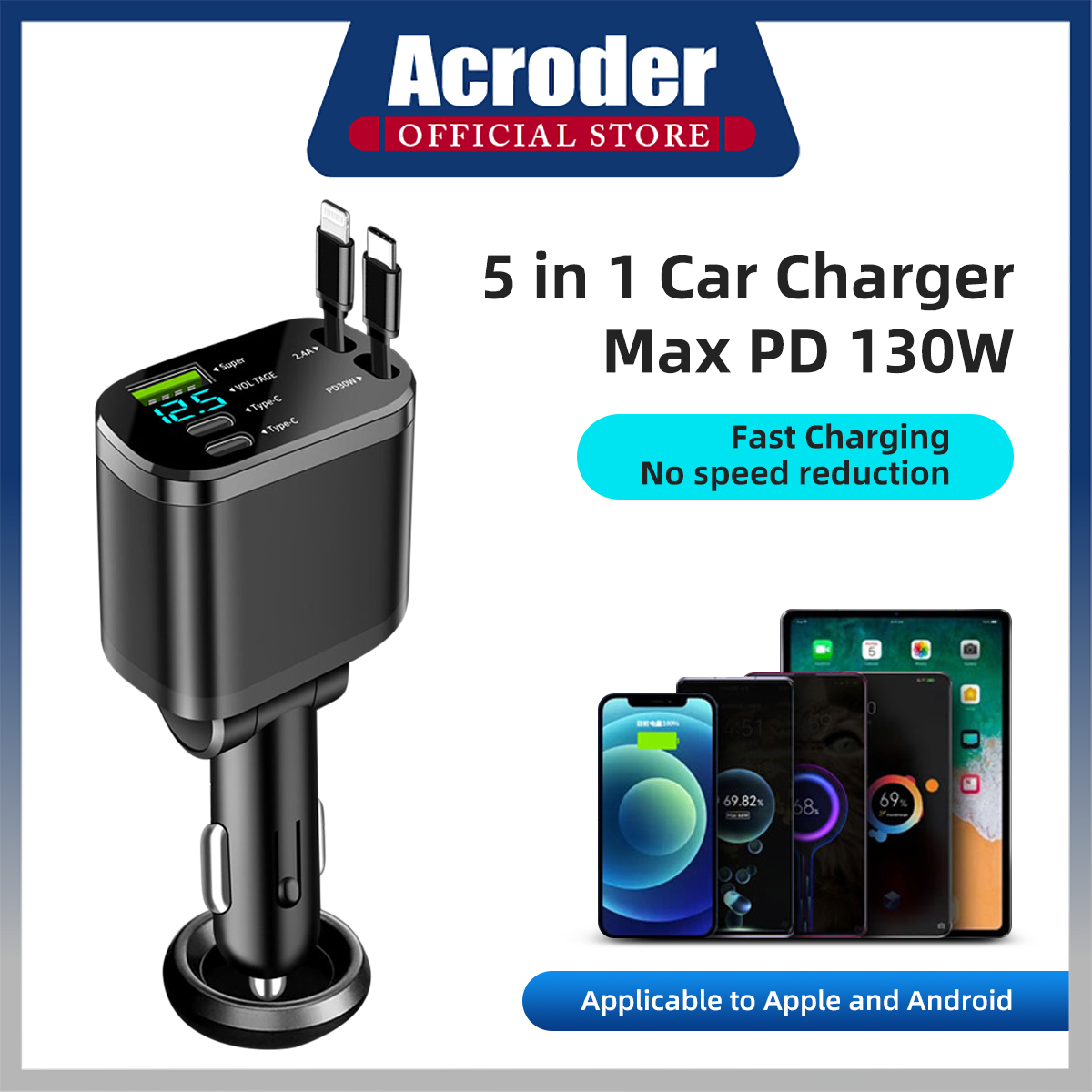 Acroder Car Charger 5 Ports Pd 30W USB Type C & Lightning Fast Charging Qc 3.0 Harga 85,000 rupiah*Gratis Ongkir
