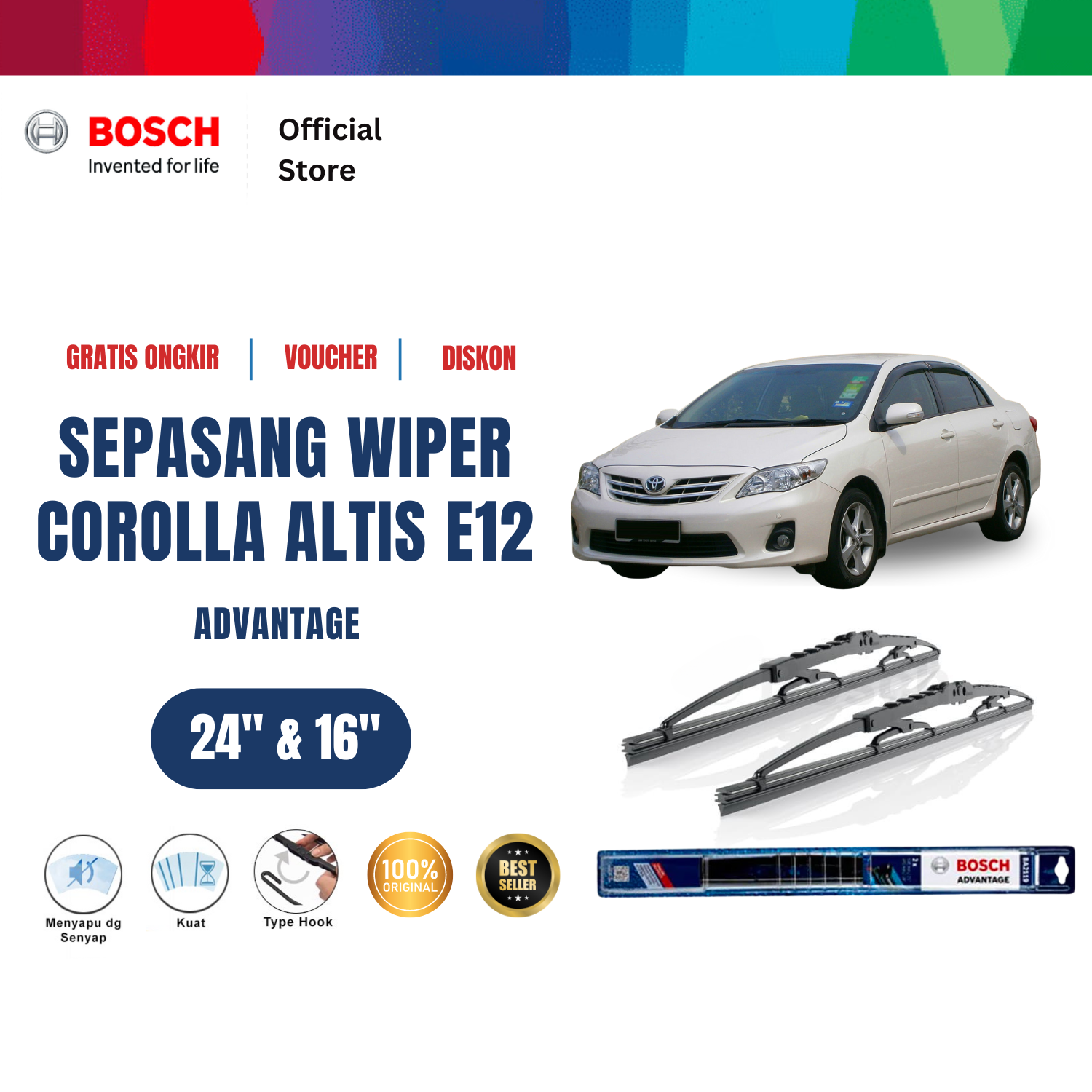 Bosch Sepasang Wiper Kaca Mobil Toyota Corolla Altis E12 2005 sampai 2008 Advantage 24 dan 16 inchi Harga 134,130 rupiah*Gratis Ongkir