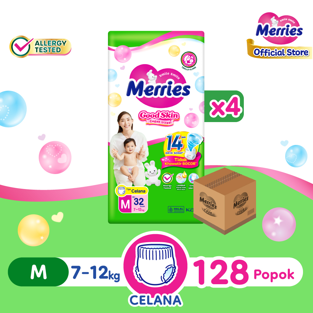 Merries Popok Bayi Good Skin Pants M (7 - 12 Kg) - 32 x 4 - Isi 128 (Carton) - Diapers Lembut Untuk Mencegah Iritasi dan Cepat Menyerap cairan Harga 212,700 rupiah*Gratis Ongkir