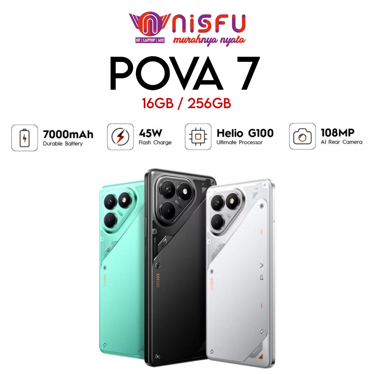 TECNO POVA 7 16GB* / 256GB | 7.000 MAH | 45W | HELIO G100 ULTIMATE | 120HZ VIVID DISPLAY | 108MP CAMERA | BERGARANSI RESMI. Harga 2,199,000 rupiah*Gratis Ongkir