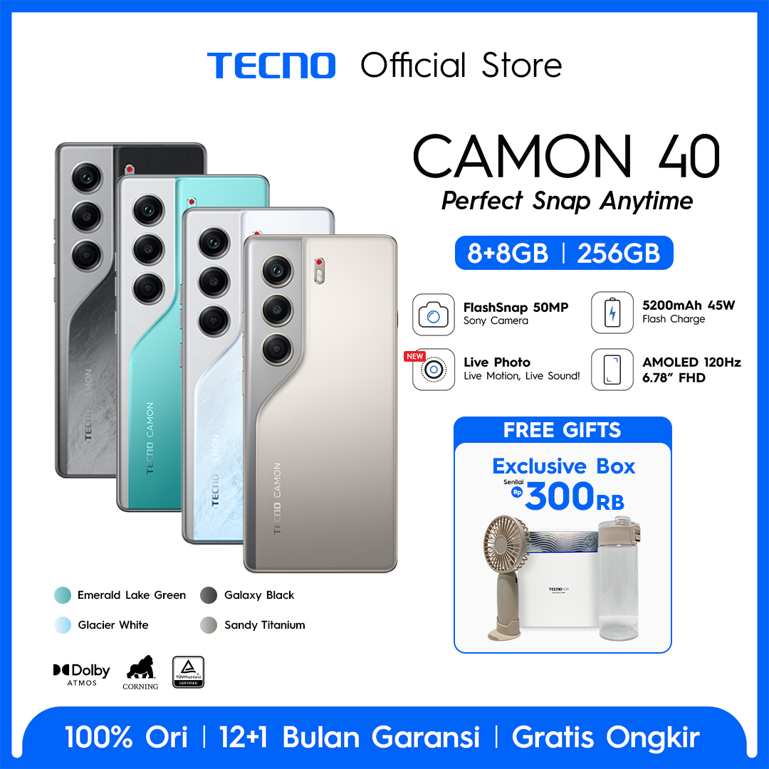 [Flashsnap] Tecno Camon 40 8+8Gb*256 Gb, 50Mp Sony + 8Mp Ultra Wide Camera, 32Mp Front Camera, 120Hz Amoled, Ip66, 5200Mah, 45W Harga 2,969,000 rupiah*Gratis Ongkir