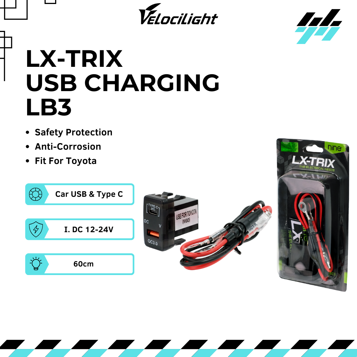 Soket USB Charger Mobil Dual Port Type C Android Iphone Toyota New LB3 - LX-TRIX VelociLight Harga 94,900 rupiah*Gratis Ongkir