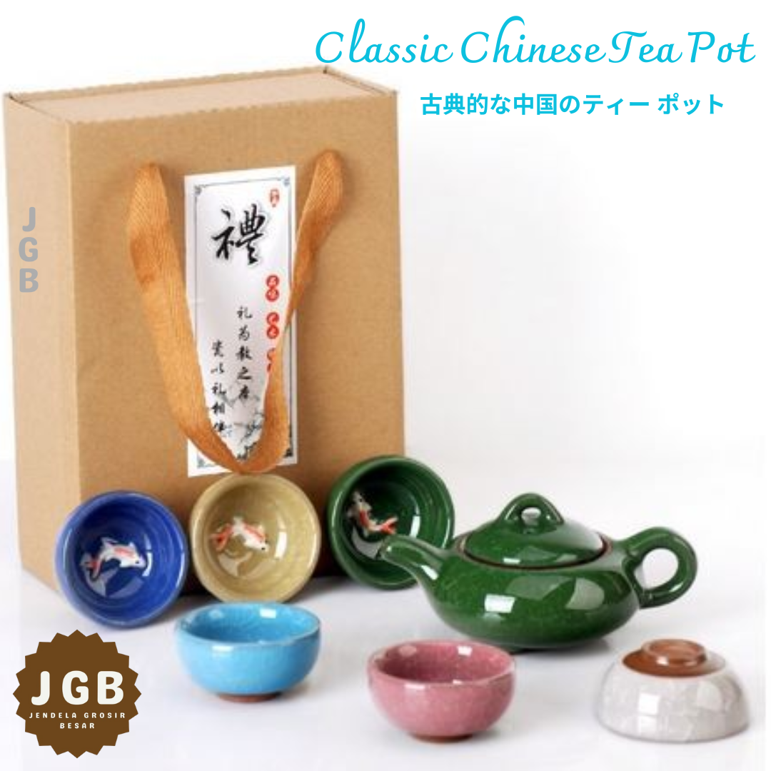 Classic Chinese Tea Pot Qicha Set 1 Pot 6 Cup Colorful Koi Fish - Set Teko Cangkir Design KOI