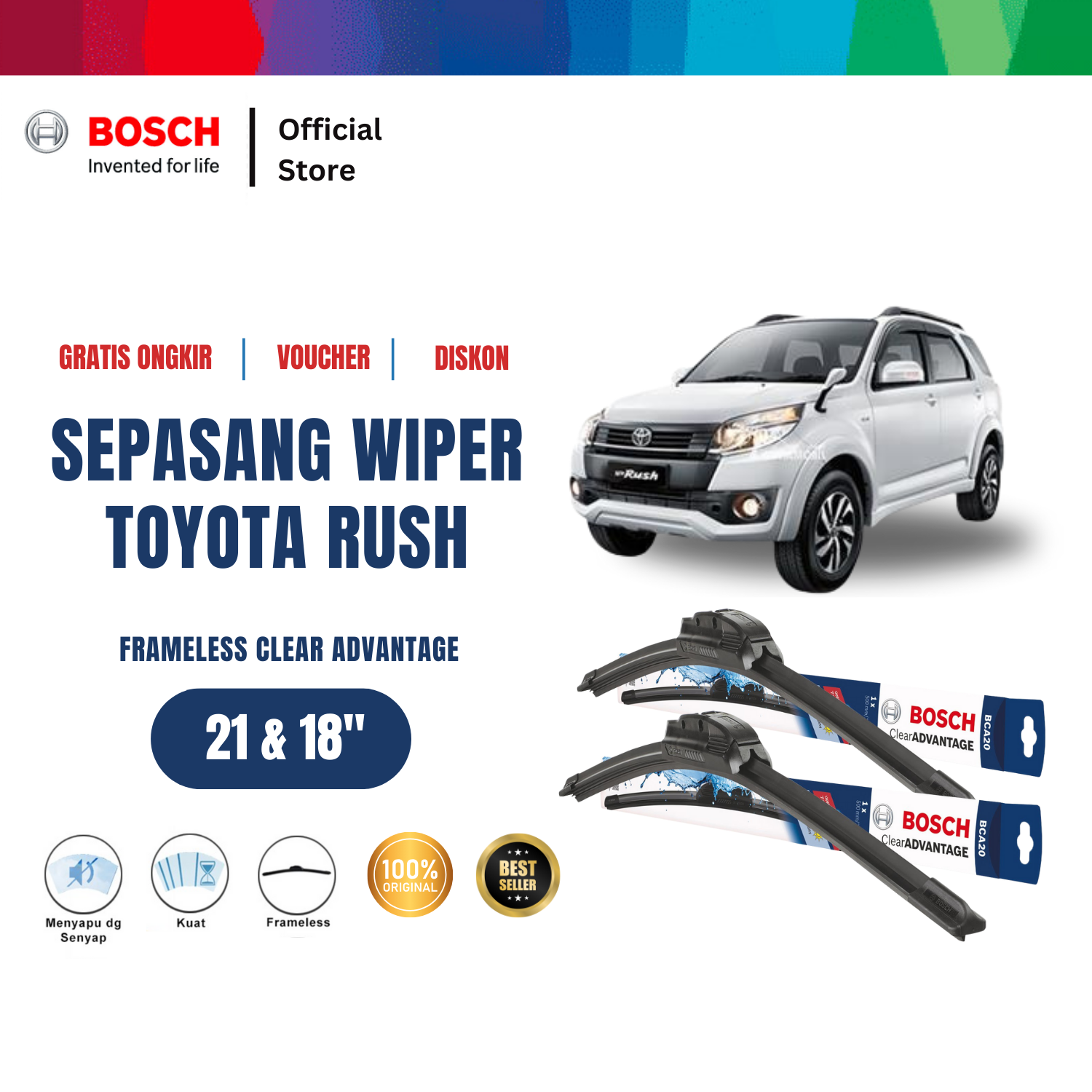 Bosch Sepasang Wiper Mobil Toyota Rush Frameless New Clear Advantage 21" & 18" - 2 Buah/Set Harga 203,575 rupiah*Gratis Ongkir