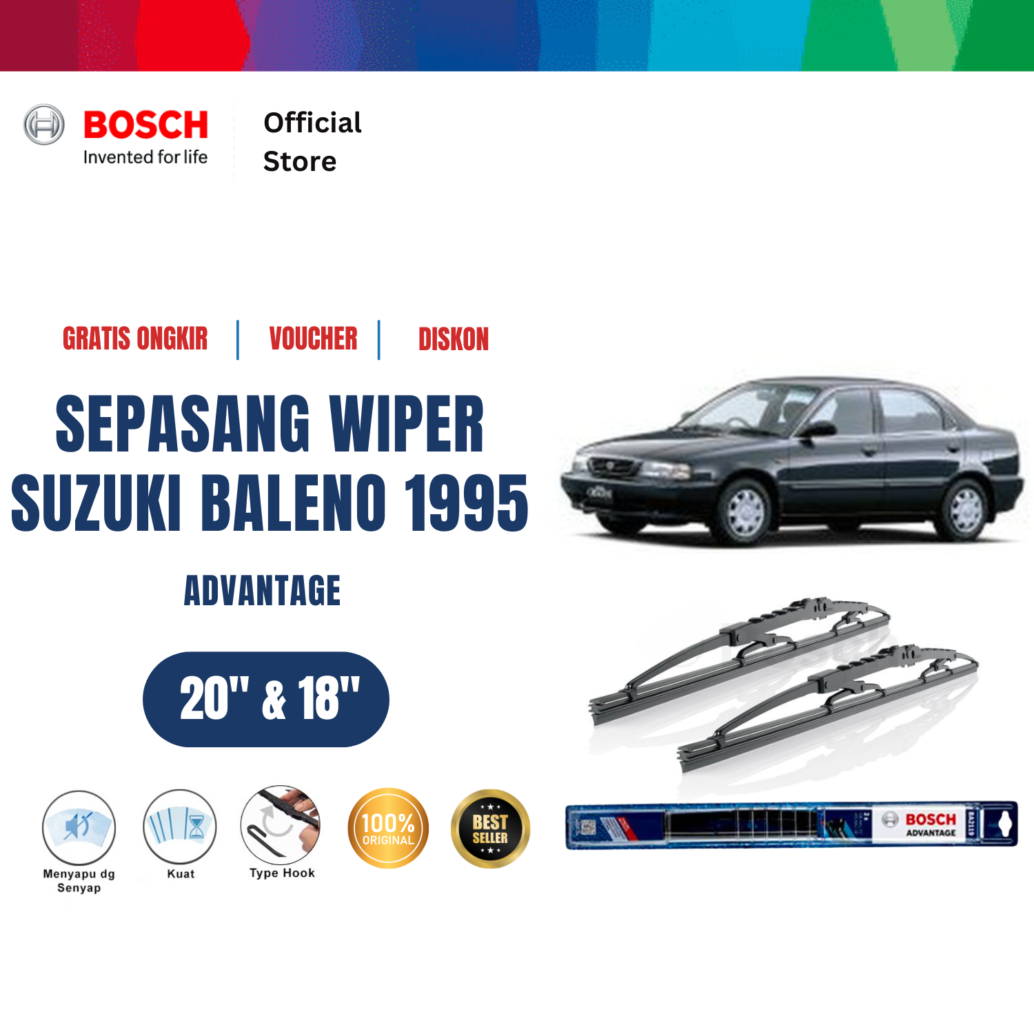 Bosch Sepasang Wiper Kaca Mobil Suzuki Baleno 1995 on Advantage 20 dan 18 inchi Harga 121,380 rupiah*Gratis Ongkir