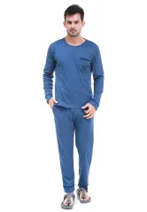 Hamlin Klicin Setelan Baju Tidur Piyama Pria Word Pockets One Set Sleepwear Pajamas Material Fabric ORIGINAL - Navy