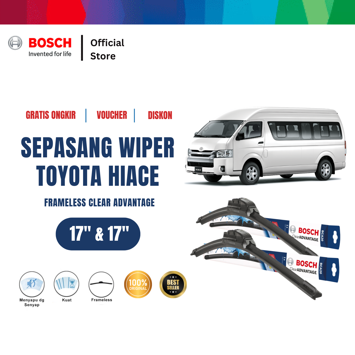Bosch Sepasang Wiper Depan Frameless New Clear Advantage Mobil Toyota Hiace 17 dan 17 inchi Giá 196,520 Đồng*Miễn phí vận chuyển