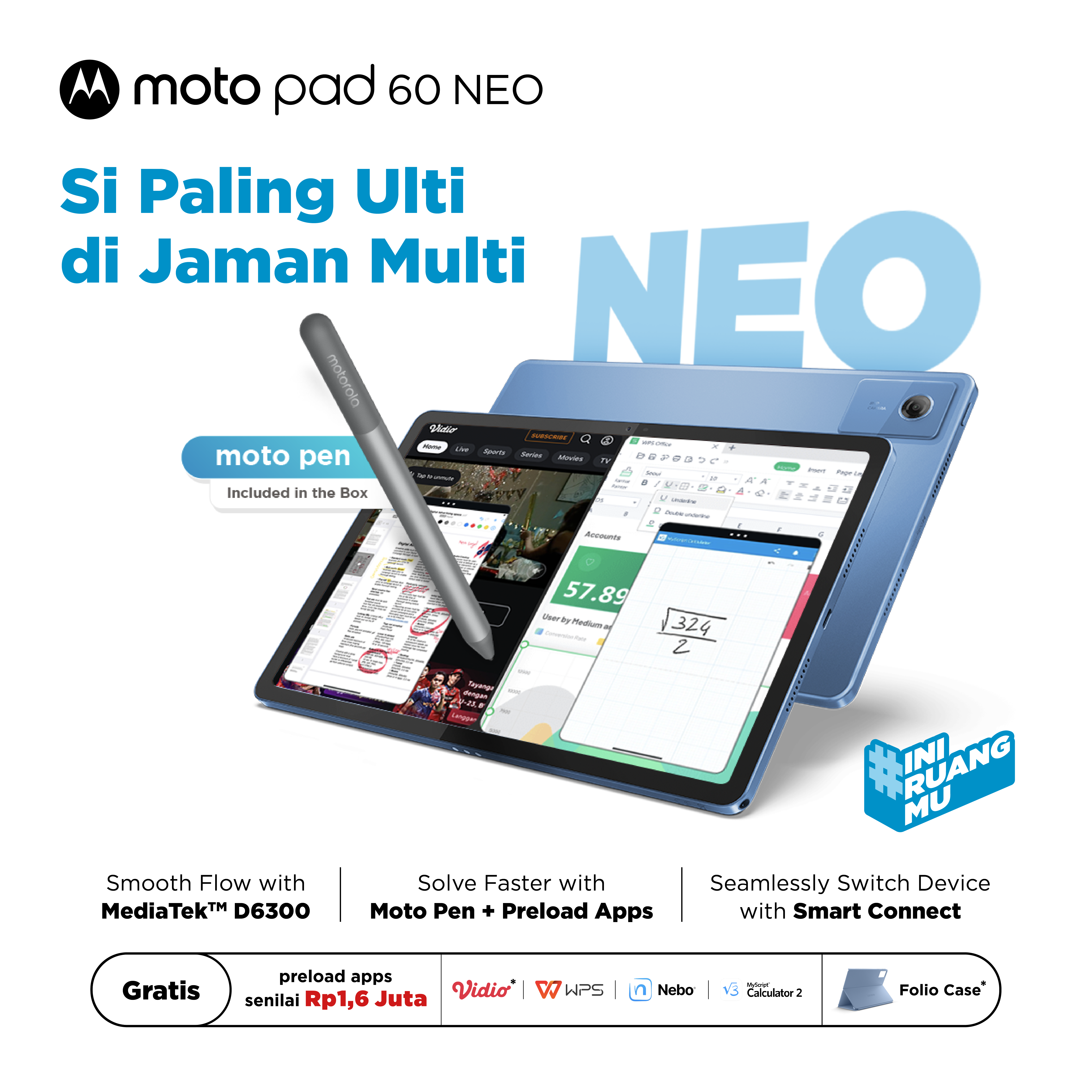 Motopad 60 Neo - 4Gb/128Gb - Mediatek Dimensity 6300 - 11\\\" Ips 500Nits Anti-Fingerprint - Dolby Atmos - 7040Mah - Malibu Blue - with Moto Pen Harga  2,869,000 Ringgit*Penghantaran Percuma