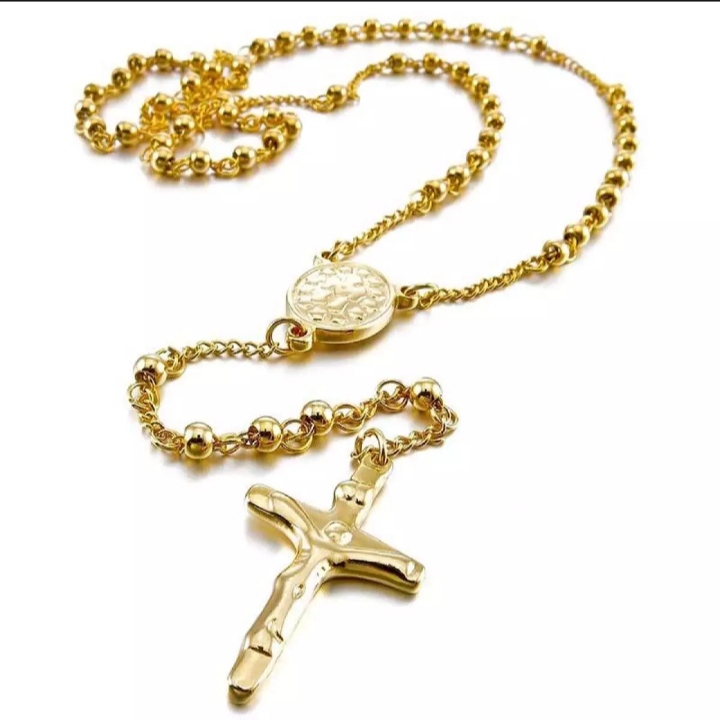 Kalung Salib Rosario Silver - Gold Titanium Pria Dan Wanita