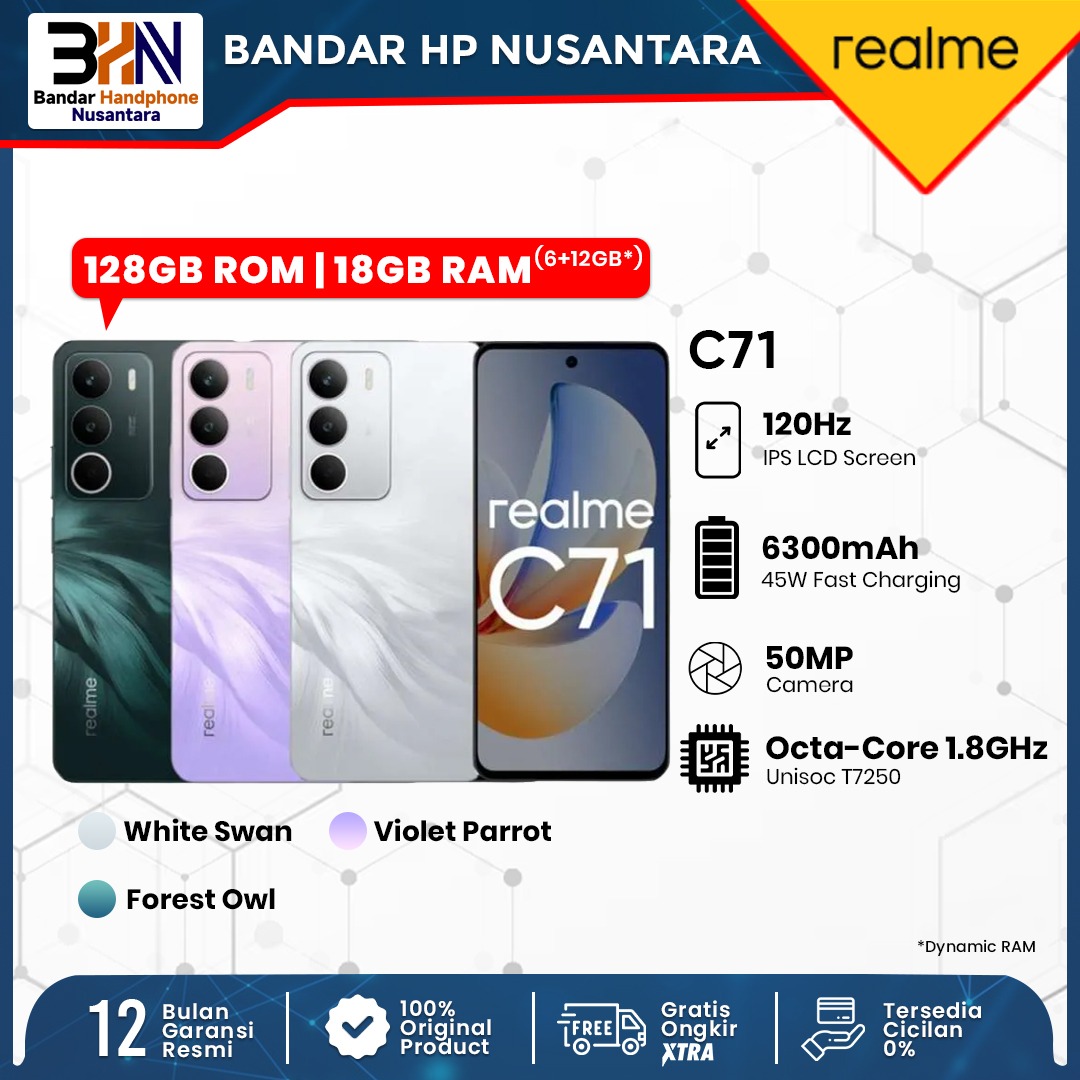 Realme C71 6GB+12GB* / 128GB (50MP AI Camera | 120Hz IPS LCD Display | 7.88mm Slim Design | Octa-core Chipset) Giá 1,709,000 Đồng*Miễn phí vận chuyển