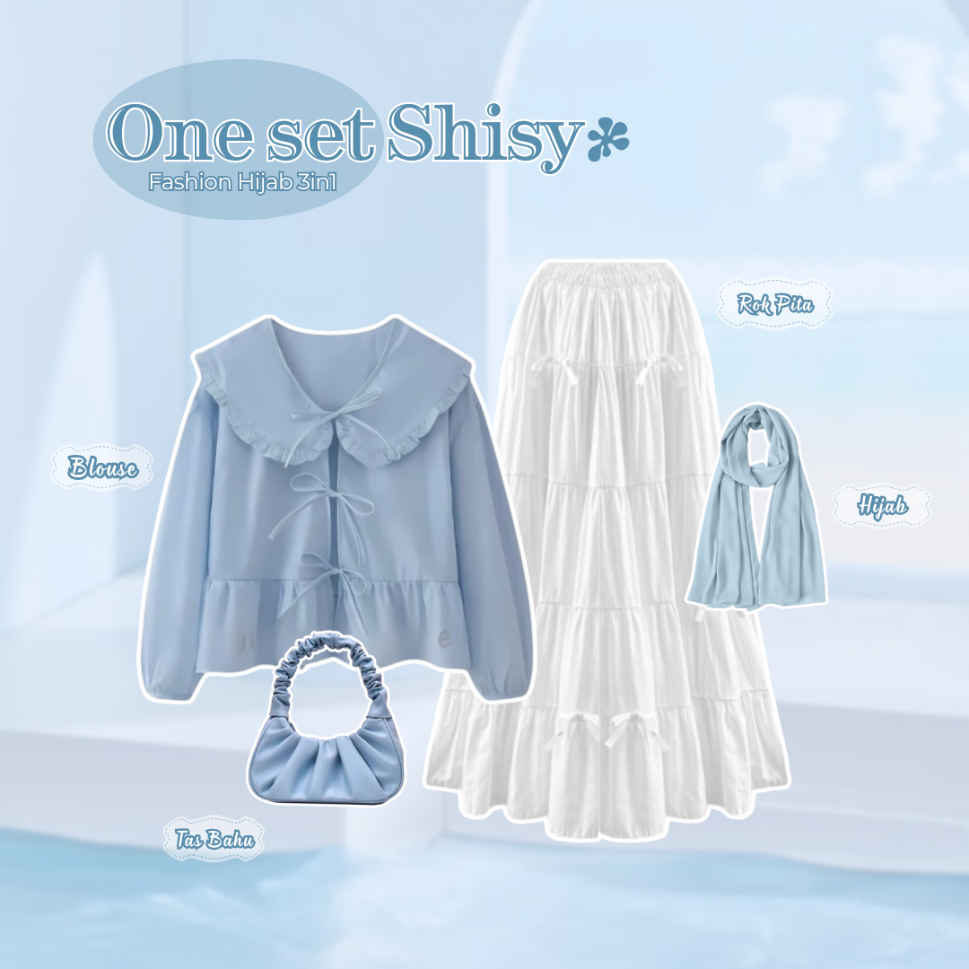 one set blouse wanita cantik + Rok Susun pita + Tas bahu aesthetic + Hijab Pashmina 3in1 AM177N Harga 102,895 rupiah*Gratis Ongkir