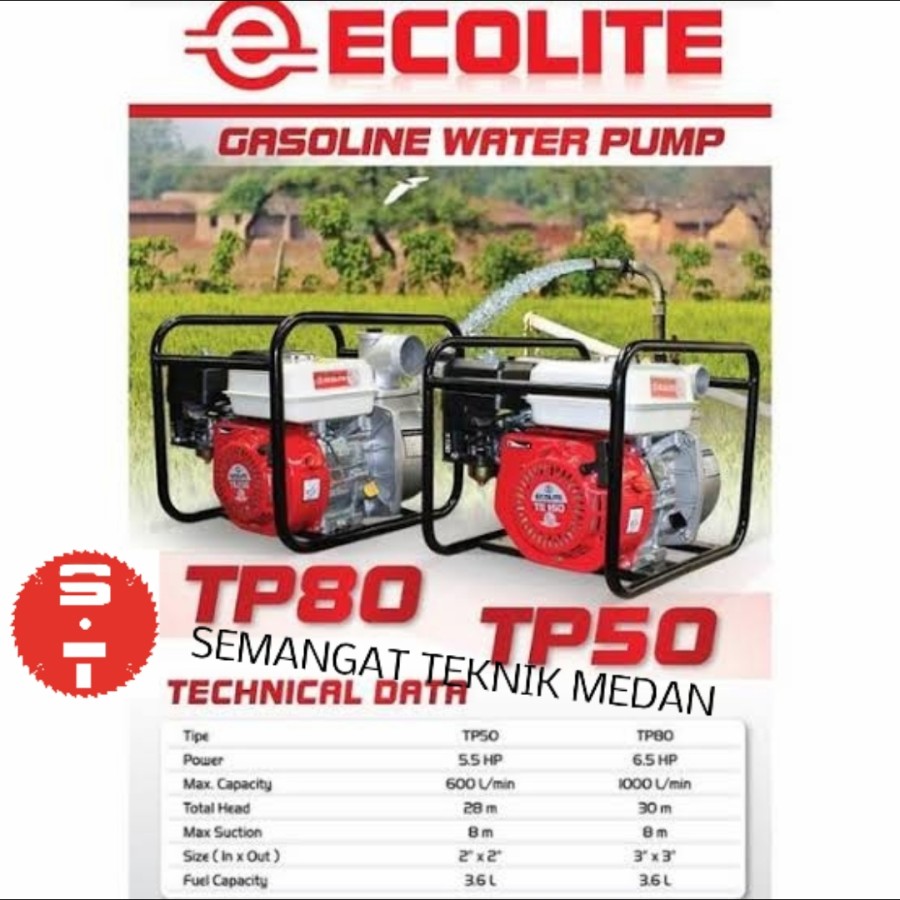 TP50 MESIN BENSIN POMPA AIR HISAP WATER PUMP 2" 2 INCH ECOLITE TP 50 Harga 1,325,000 rupiah*Gratis Ongkir