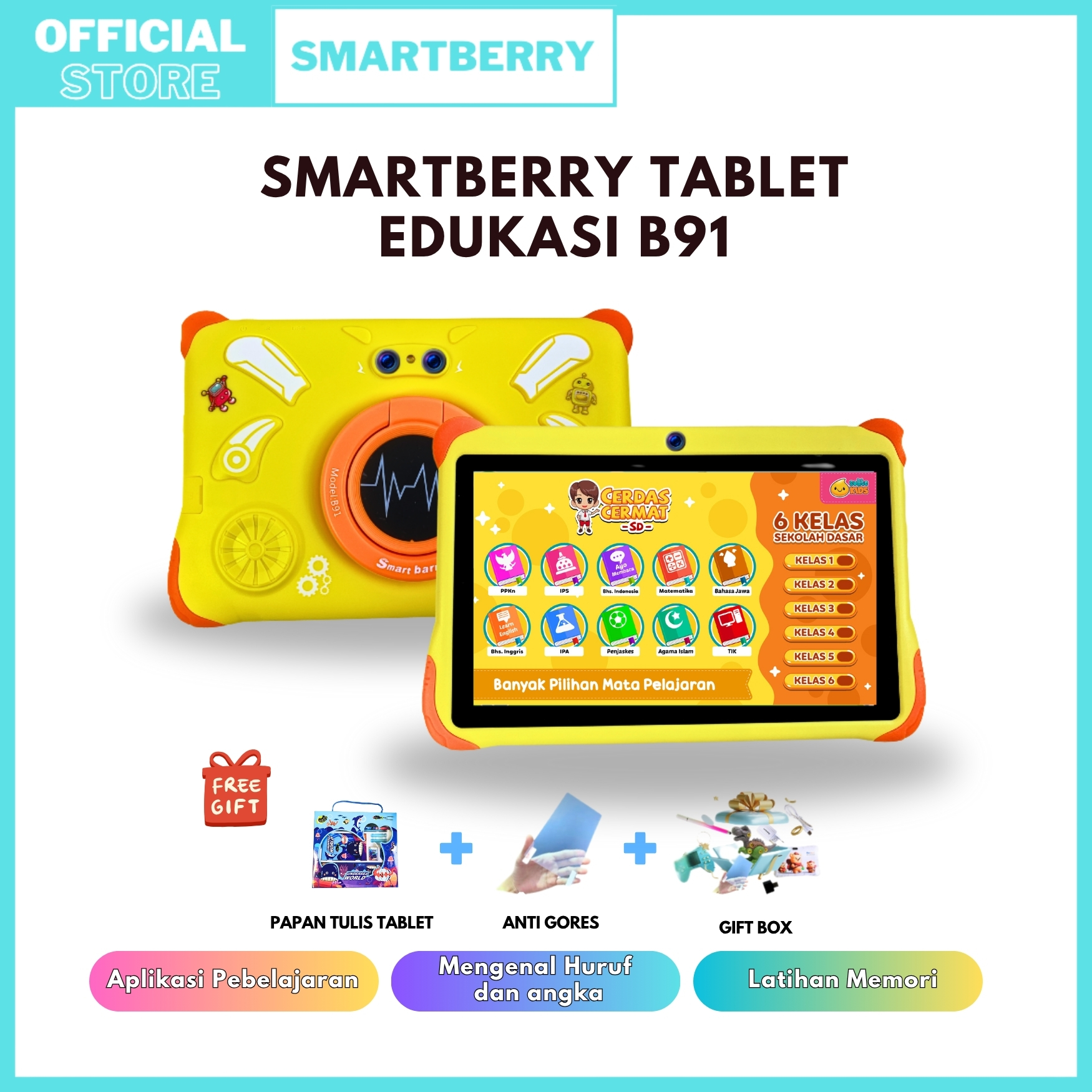 Smartberry B91 Study Tab 4/128Gb - Smartberry Kids Tablet, 7 Inch, Educational Tablet for Children, Children's Educational Tablet for Learning Methods at Home Harga 749,999 rupiah*Gratis Ongkir