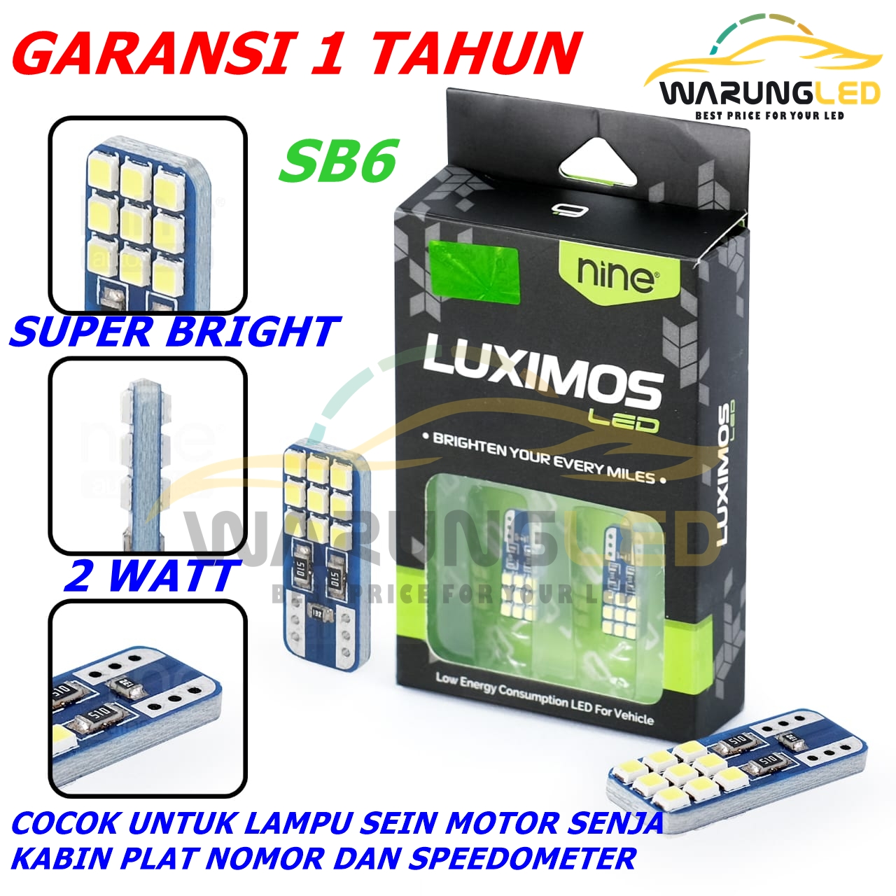 T10 Nine Luximos Sb6 2 Watt Led Lights Suitable for Motorcycle Signal Lights Senja Kabin Number Plate Speedometer Super Bright Harga 15,661 rupiah*Gratis Ongkir