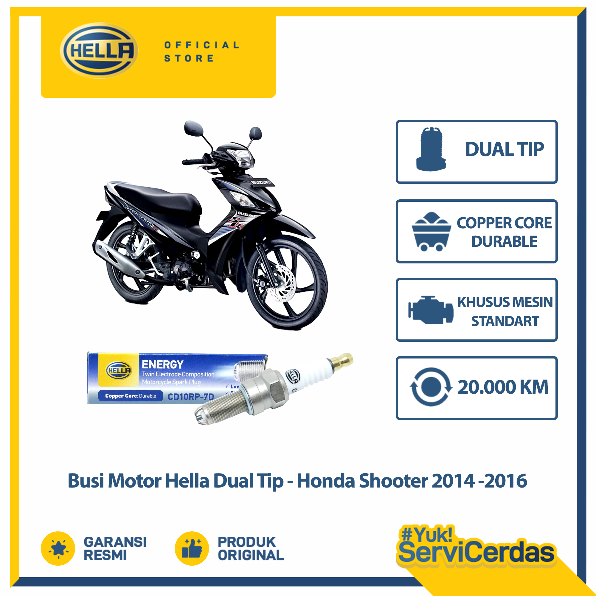 Busi Motor Suzuki Shooter 2014 - 2016 Hella Dual Tip CD10RP-7D - Busi Shooter Harga 25,000 rupiah*Gratis Ongkir
