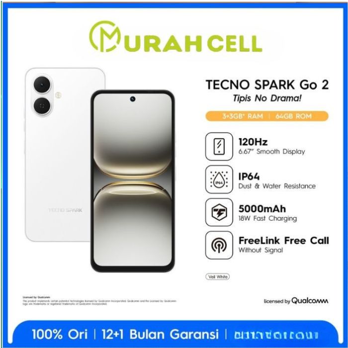 Tecno Spark Go 2 Series (Spark Go2 3+3/64 -- Spark Go2 4+4/64 -- Spark Go2 4+4/128) Official Indonesian Warranty Harga 976,000 rupiah*Gratis Ongkir