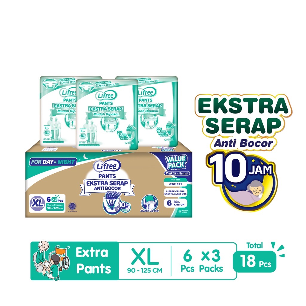 Lifree Popok Dewasa Celana Ekstra Serap XL6 isi 3 bags [Karton] Harga  175,300 rupiah*Gratis Ongkir