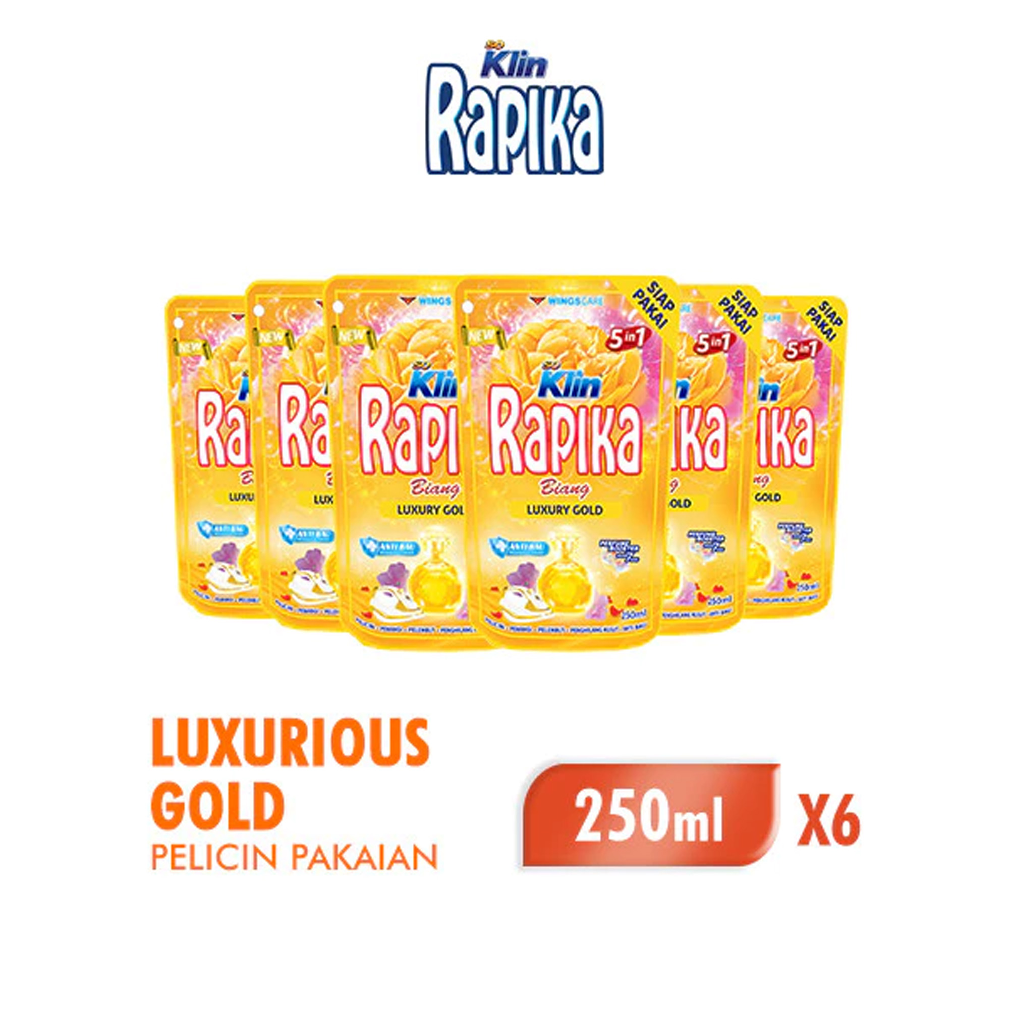 [Paket isi 6] Rapika Biang Pewangi Pakaian Luxurious Gold Pouch 250ml Harga 21,000 rupiah*Gratis Ongkir
