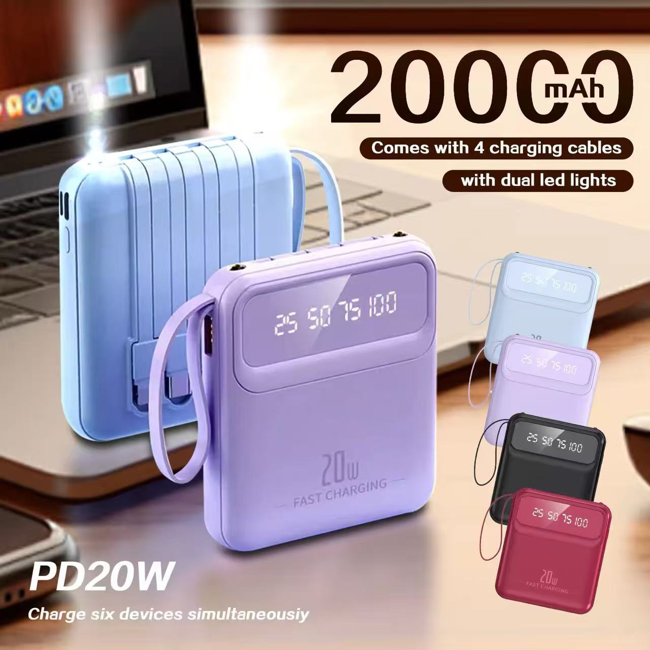 Mini Size Powerbank 20000Mah with 4 USB Fast Charging Lightweight Led Flashlight Display Power Bank External P