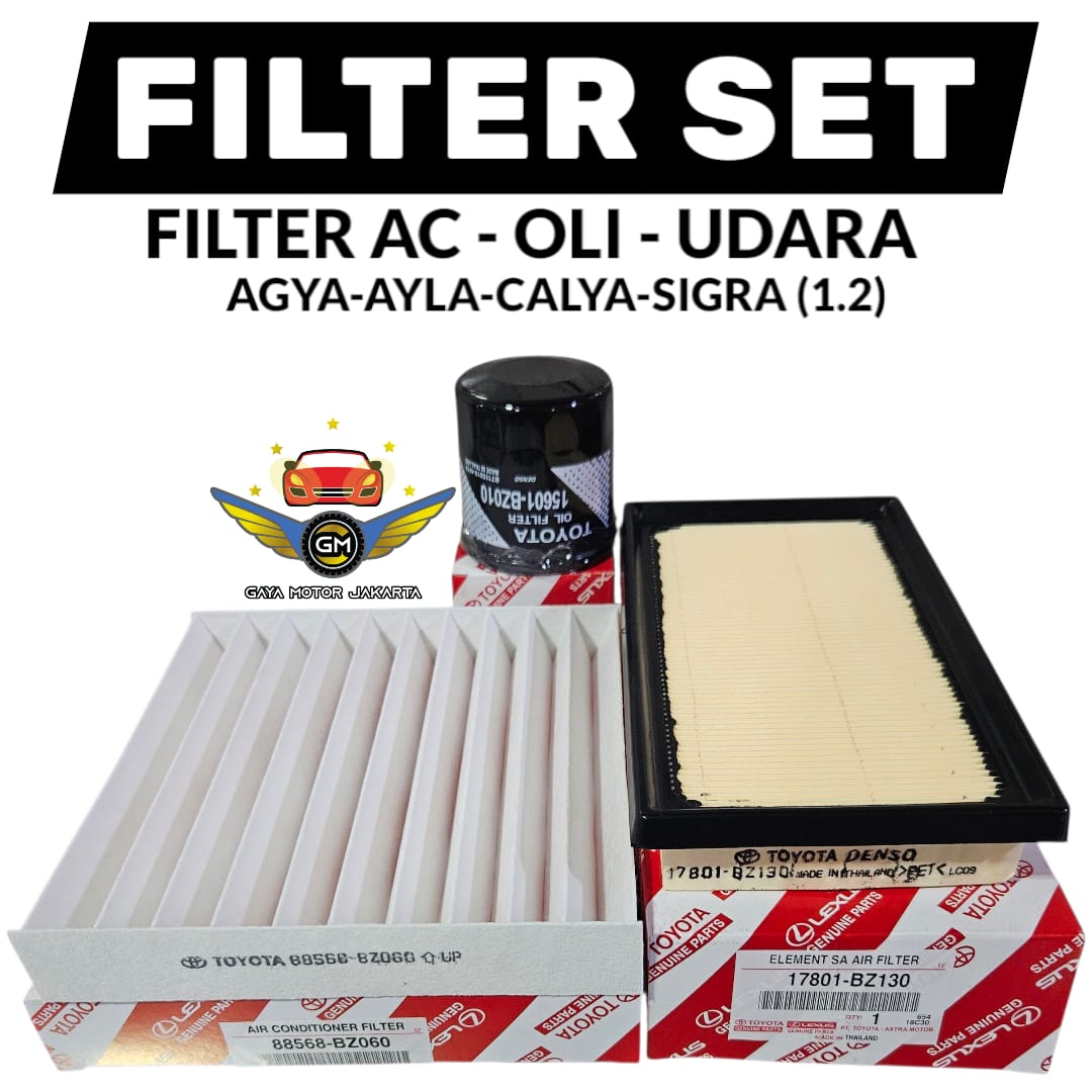 PAKET SERVIS FILTER SET AC-OLI-UDARA TOYOTA CALYA-AGYA-AYLA-SIGRA Harga  93,000 Ringgit*Penghantaran Percuma