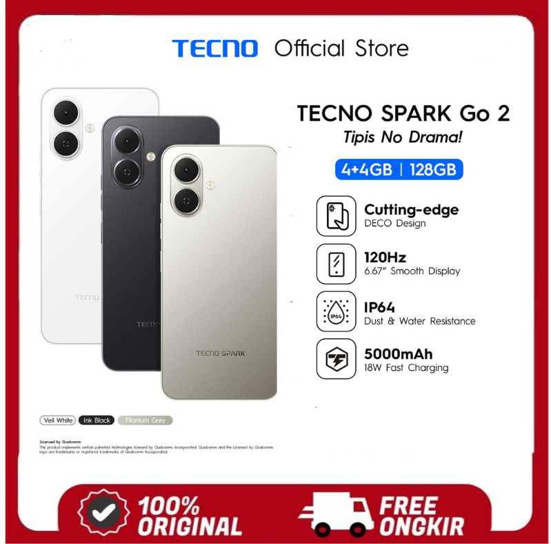 Tecno Spark Go 2 - Ram 4+4Gb*/128Gb Smartphone 120Hz Smooth Display, 5000Mah, 18W Charging - Bonus Earphone & Sim Card Harga 1,150,000 rupiah*Gratis Ongkir