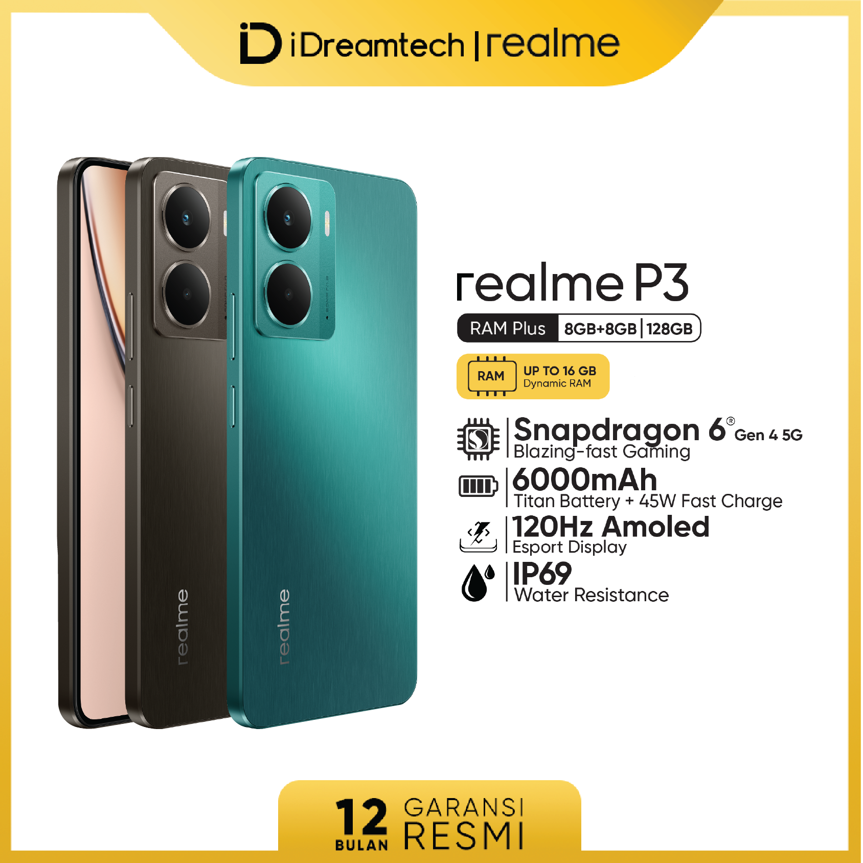 Realme P3 5g 8Gb+8Gb* | 256Gb (Amoled 120Hz | Snapdragon 6 Gen 4 (4 Nm) | 6000Mah Titan Battery + 45W Ultra Charge | Ai Travel Snap Harga 3,665,000 rupiah*Gratis Ongkir